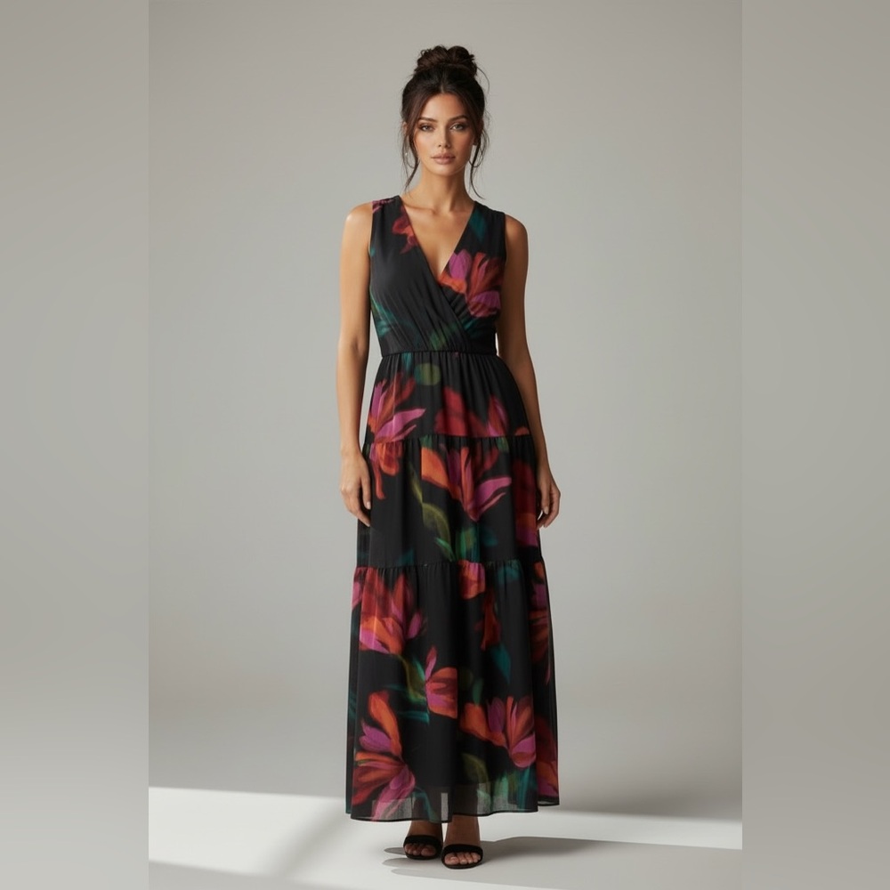 Robbie Bee Empire waist sleeveless Wedding Guest midi dress black floral size 12 - Picture 4 of 13